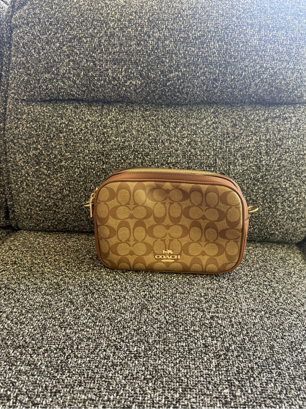 Coach Brown Signature Canvas Crossbody Camera Bag with Gold Hardware